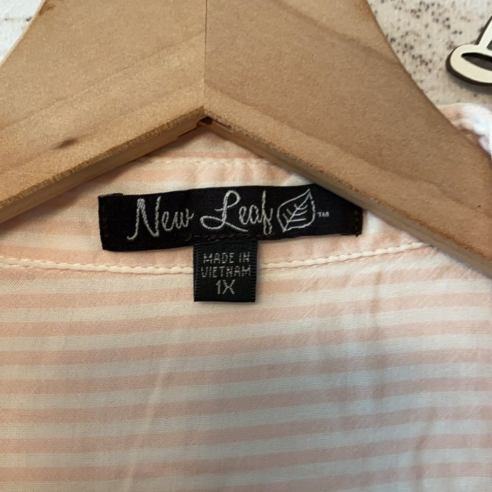 New Leaf Pink White Pinstripe Button Down Blouse Plus 1X - Picture 3 of 10